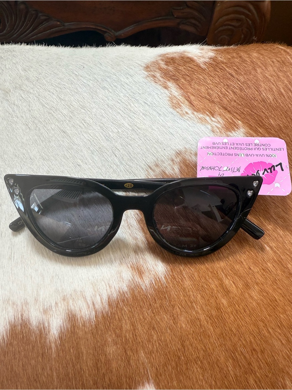 Betsey Johnson Black Cat Eye Sunglasses with Heart Rhinestones NWT